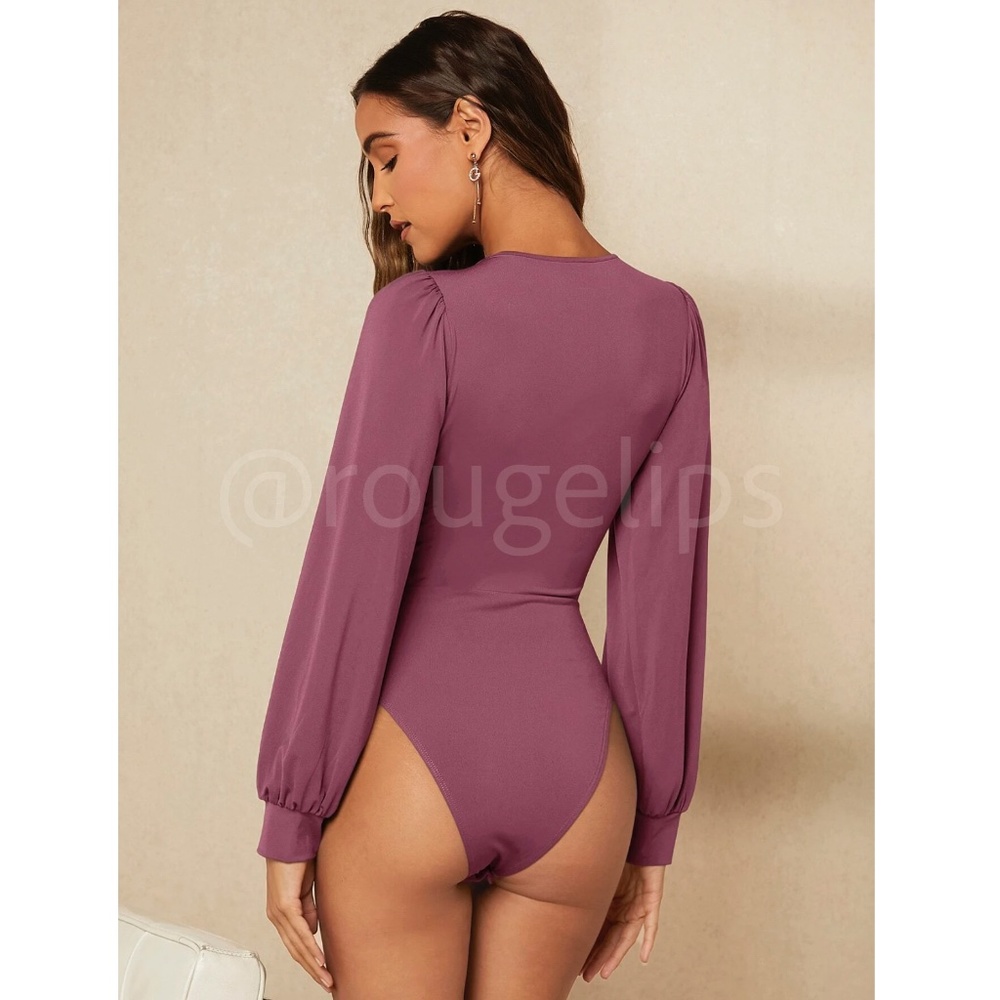 Dusty Mauve Elegant V neck Bodysuit Long Bishop Sleeves Stretchy Ruched Waist - Picture 3 of 10